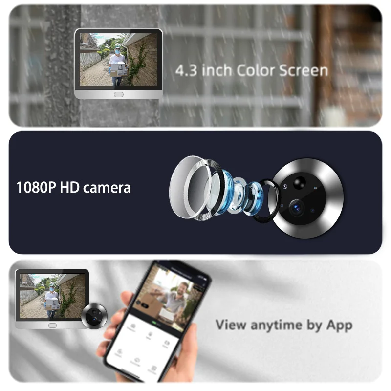 Tuya-Smart Peephole Video Door Camera, Câmera de Segurança WiFi, Áudio 1-Way, Visão Noturna, 4,3 "FHD Vídeo Campainha, 1080p