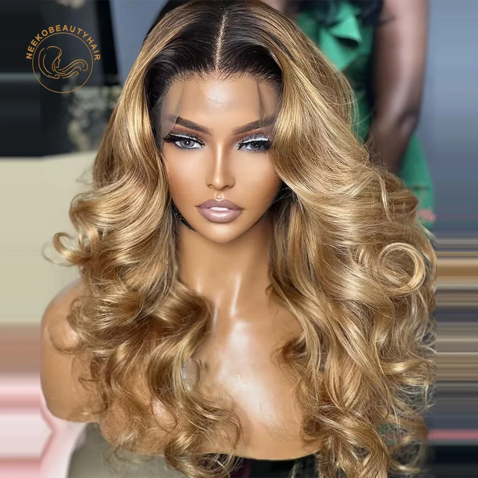 1B Brown Lace Front Wig Wavy 13x6 HD Transparent Lace Frontal Wig Honey Blonde Ombre Colored Human Hair Wigs For Women