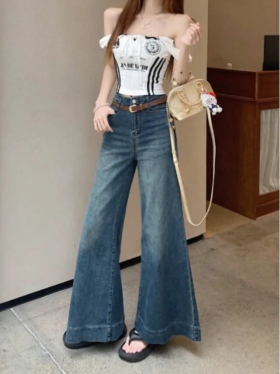 

plus Size Retro High Waist Wide Leg Jeans Casual Versatile Design Slimming Long Pants Commute Style Korean Fashion Pocket Detail