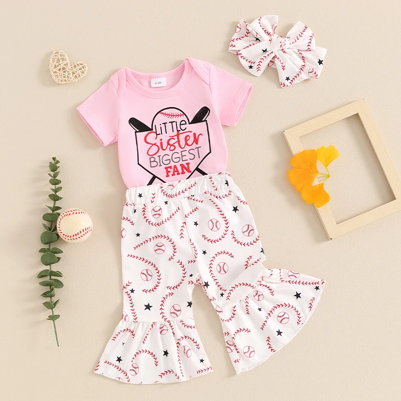 

Newborn Baby Girl Baseball Outfit Little Sister Biggest Fan Romper Flared Pants Headband 3Pcs Summer Clothes Set