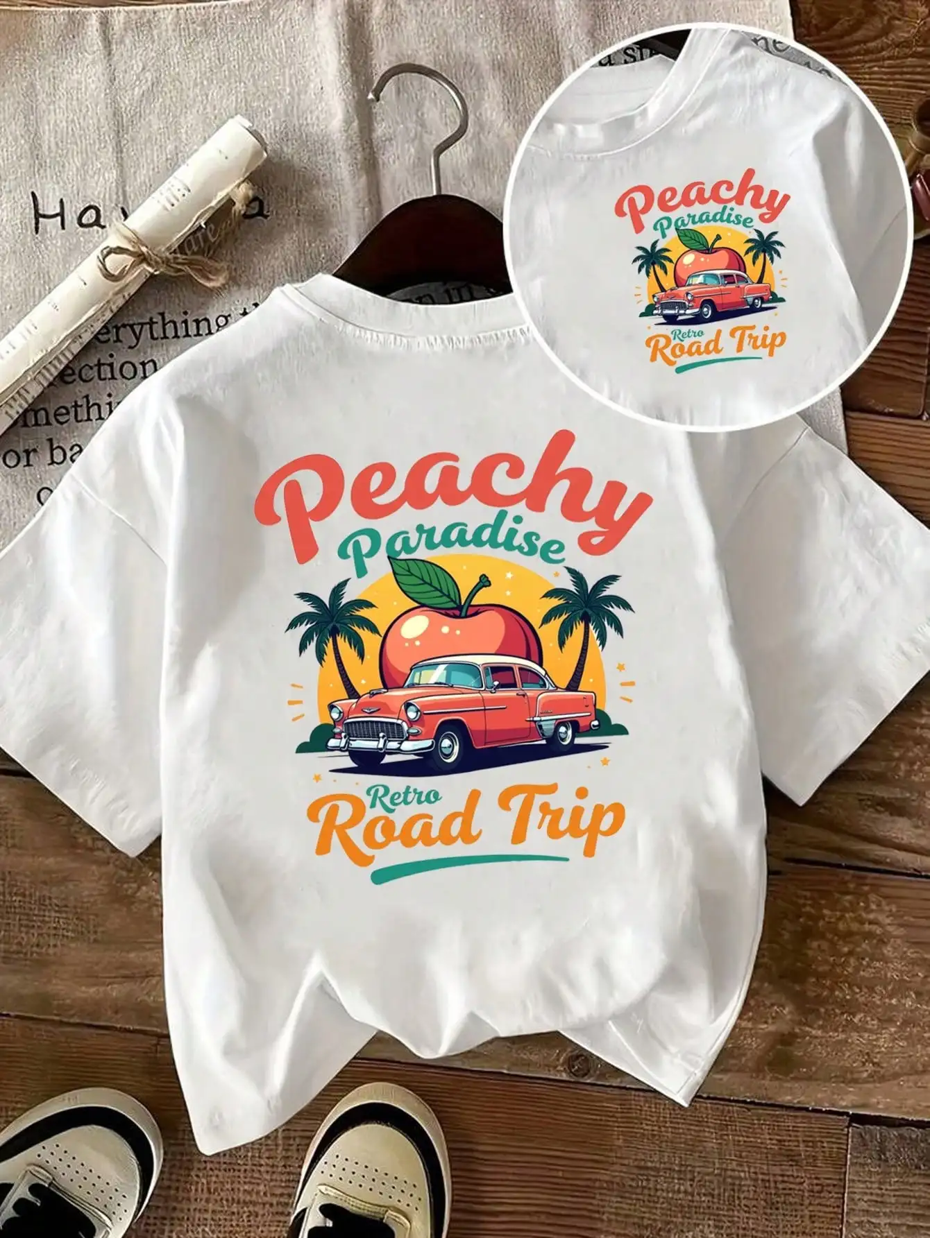 

Retro Road Trip Cotton T-Shirt, White Casual Tee With Vintage Car And Palm Tree Elements
