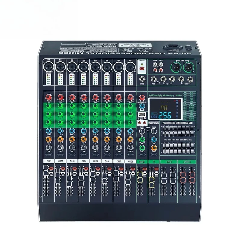 

GAX-DX8 USB Connection Built-in 256 DSP Effects 8 Channel Professional Audio Mixer Console with Dual Side LED Lights