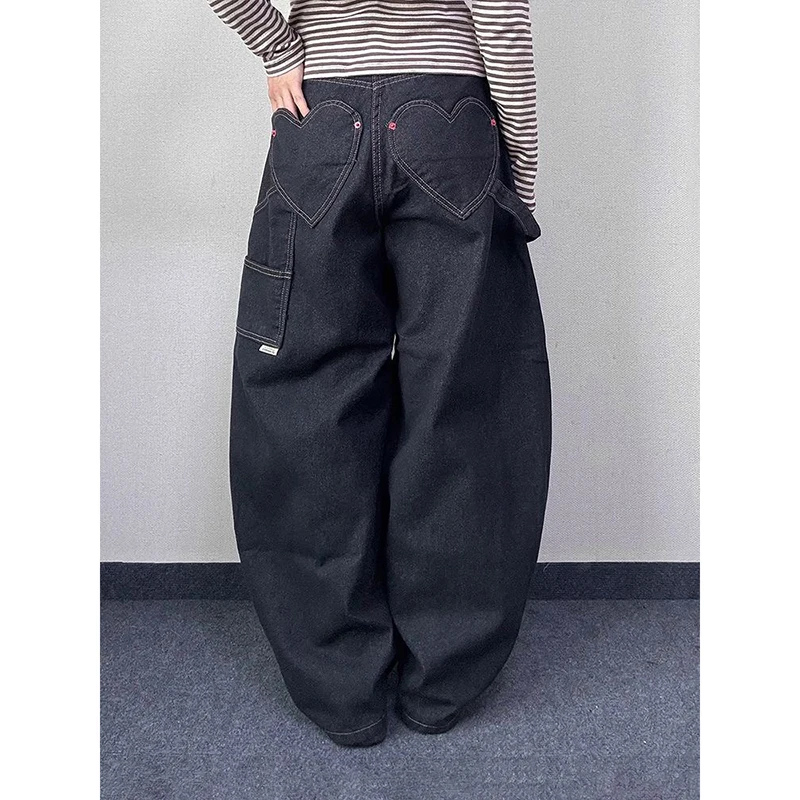 المرأة الأمريكية الرجعية سكين جيب واسعة الساق الجينز ربيع الخريف نمط فتاة ساخنة شارع العليا تصميم فضفاض الطابق طول السراويل