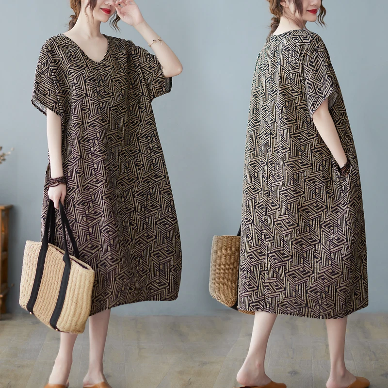 Retro bawełniana lniana spódnica z nadrukiem, duży rozmiar, damska, dekolt w serek, luźna, długa, codzienna, letnia, wygodna, plus size.