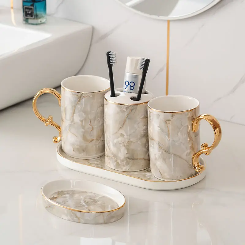 European Marble Ceramic Lotion Bottle Toothbrush Holder Bathroom Accessories Set Cup Soap Dish Shampoo Dispenser Bottle Decor