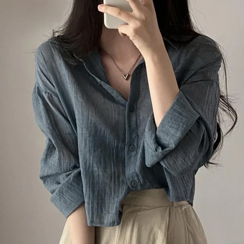 New Korean Trendy Shirt Blouse Simple Thin Pure Color Anti-UV Shirt Anti-fade Shirt Top Sun Protection Blouse Women Streetwear