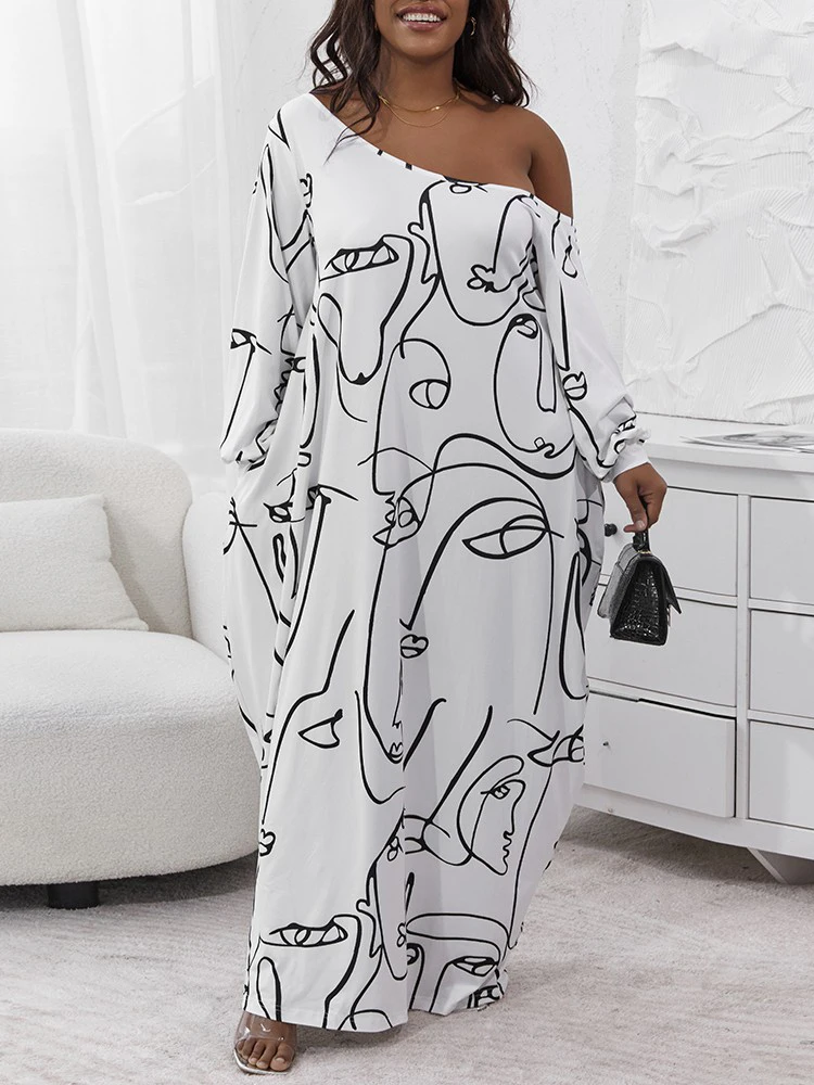 Plus Size Abstract Figure Print Lantern Sleeve Oversized Maxi Dress