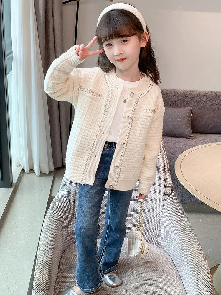 

Girl Sweater O Neck Outerwear Spring Autumn Kids Knitted Cardigan White Children's Clothing 3-12Y TZ517