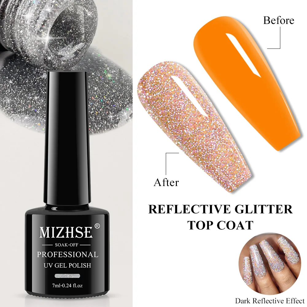 MIZHSE-Gel Reflexivo Top Coat, Esmalte, Glitter, Semi Permanente, Verniz, Hybird, Nail Art, Manicure, 7ml