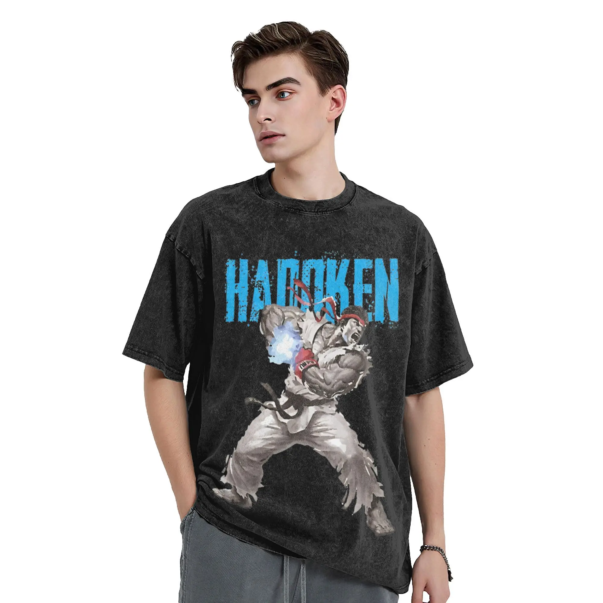 Washed T Shirt Hadoken Retro T-Shirt High Street Streets Fighters Streetwear Short Sleeve Summer Tops Tee Shirt for Men Women