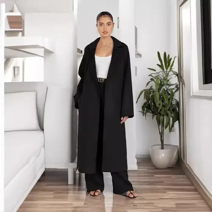 

Long Wool Coats Women Midi Waist Cardigan Lace Up Blends Splice Full Sleeve Casual Solid Thick Warm Jackets Straight Autumn