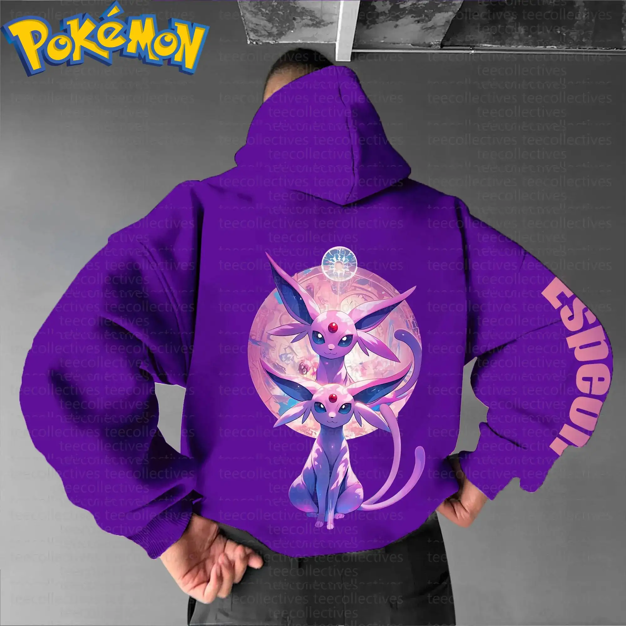 ชุดเสื้อฮู้ดผ้าฝ้ายลายการ์ตูนโปเกมอนพร้อมกางเกงสไตล์ฮาราจูกุ สีม่วง พิมพ์ลายตัวละครพร้อมลวดลายดวงตาสีแดงเรืองแสง ชุดลำลองสองชิ้น