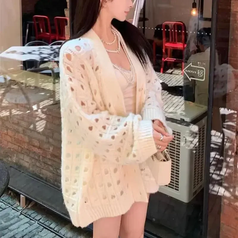 

Crochet Hollow Knit Cardigan Women Loose Wool Cashmere Sweater Luxury Single Breasted Womens Knitwear Coat