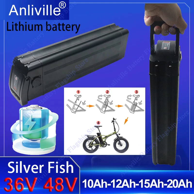 Long Lifespan 36V/48V 10Ah 12Ah 15Ah 20Ah Silver Fish Lithium Battery,Built-in 30A BMS,for 1000W-1400W Folding Electric scooter