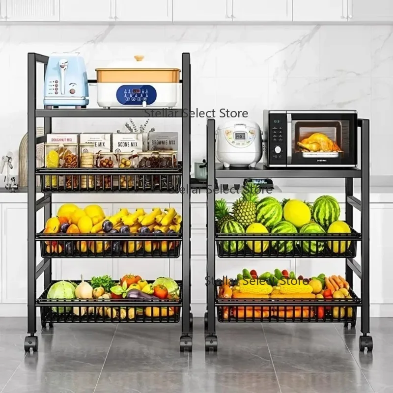 

t Kitchen Storage Basket Multi-Layer Floor Room Trolley Rack Kitchen Trolley Storage Basket Movable Pot Rack Microwave Shelf Car