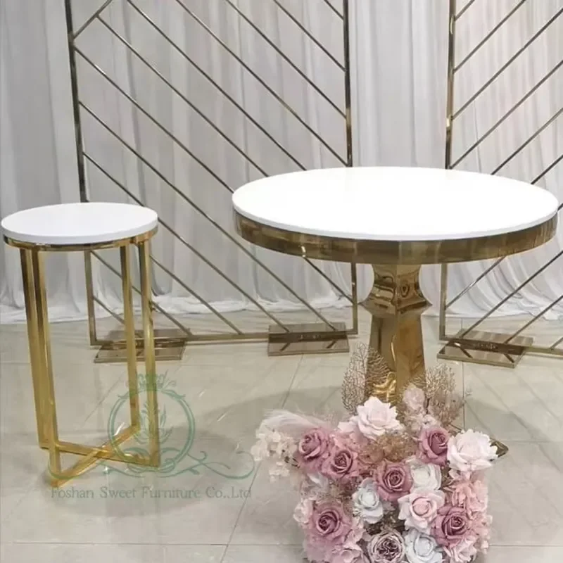 Factory Supply Golden Supplier White MDF Top Cake Table Round Metal Stainless Steel Royal Cake Table