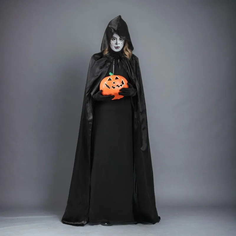 Purim Cosplay Cloak Witch Long Cape Costume Soft Unisex Hooded Black Robe Prop Halloween Masquerad Party for Man Woman