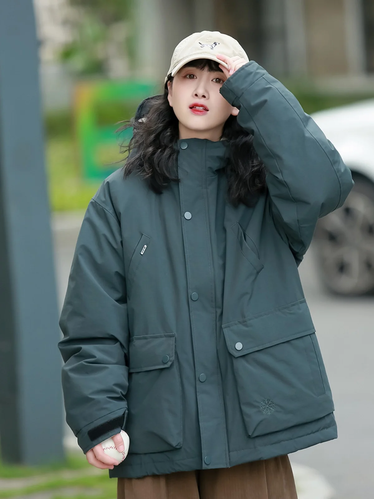 

Повседневная женская вышивка снежинок вниз Jaet Thi, теплая застежка-молния с капюшоном, длина стойки, нейтральный Sle, студенческая пара...