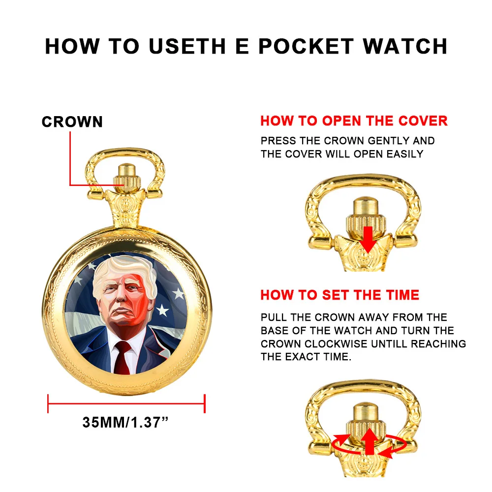 Personalised Exquisite President of The United States Trump Memorial Quartz Pocket Watch Necklace Women Men Jewelry Pendant