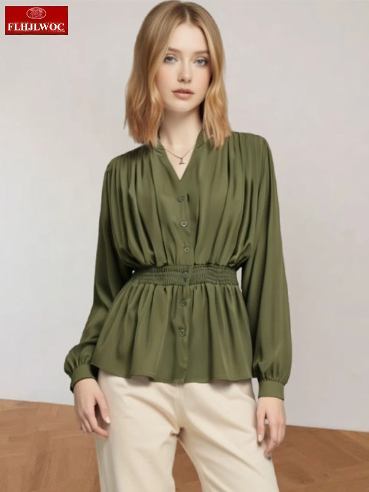 

Korea Chic Peplum Top Blusas 2025 Long Sleeve Women Japan Girls Button Retro Vintage Elastic Slim Waist Belly Solid Green Blouse