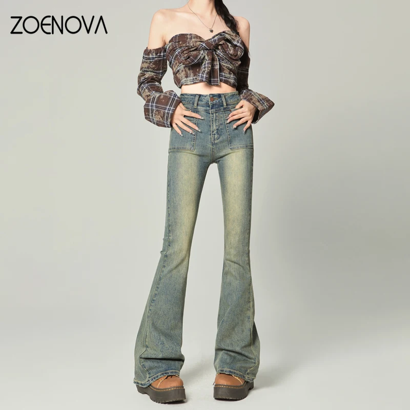 ZOENOVA 2024 Spring New Style Hot Girl Boot Cut Pants American Women's Jeans High Waist Fashion Casual Horseshoe Flare Trousers