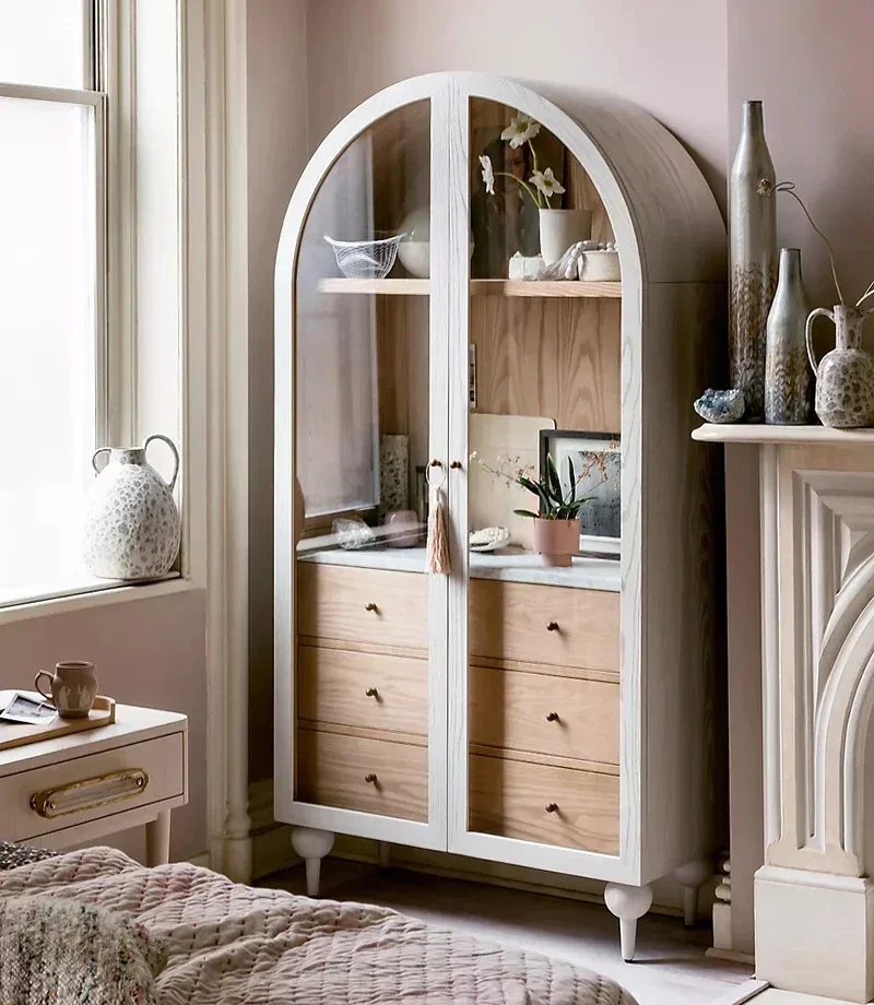 French Retro Vintage Arched Double Door Solid Wood Bookcase American Color Matching Glass Storage Sideboard Cabinet furniture