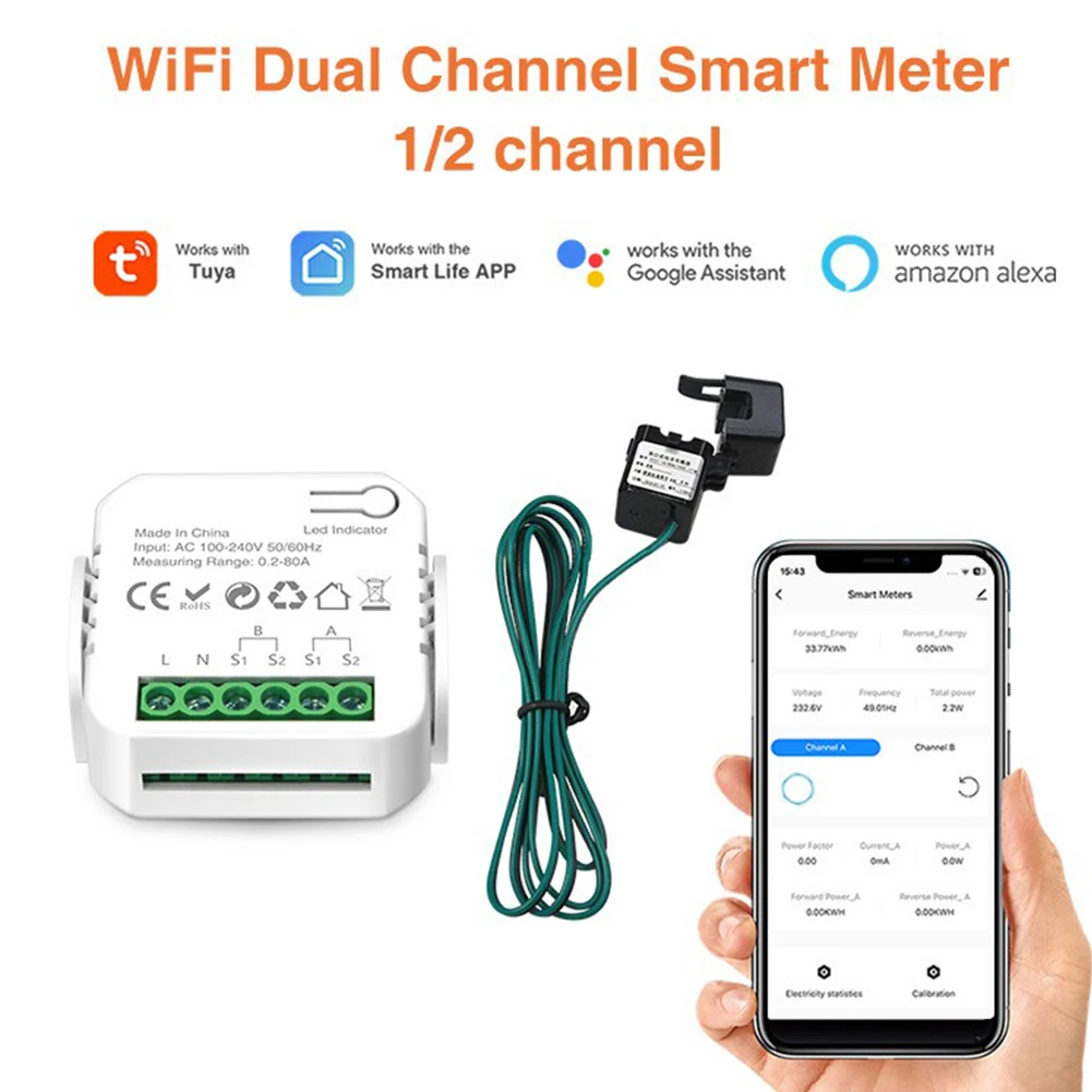 100A WIFI Intelligent Energy Meter 1/2 Channel Bidirectional Monitoring Meter 110-240 V 50/60Hz Solar PV Two Way Power Monitor