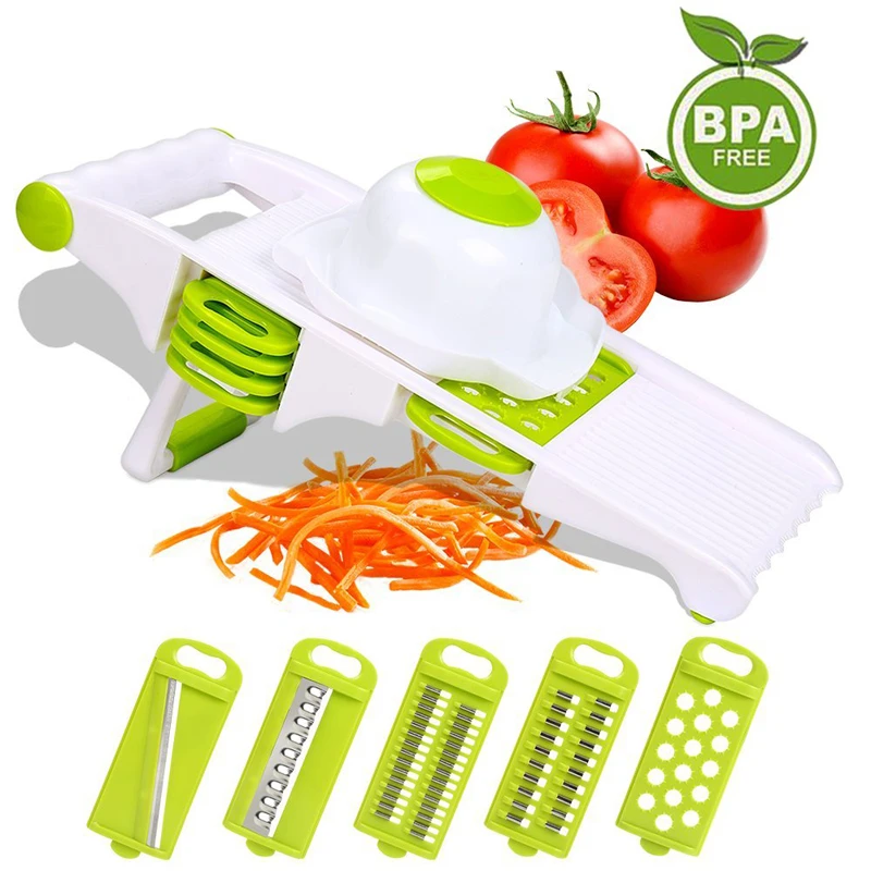 

LMETJMA Mandoline Slicer With Stand Stainless Steel Vegetable Slicer With 5 Blades Potato Carrot Cucumber Slicer Cutter KC0015