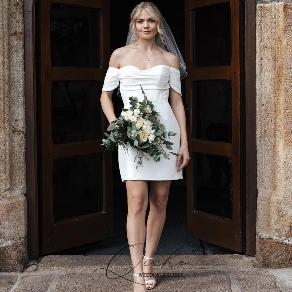 

QICHE Mini Wedding Dresses Satin Off the Shoulder Short Bridal Gown Customized A Line Simple Wedding Party Gown for Bride