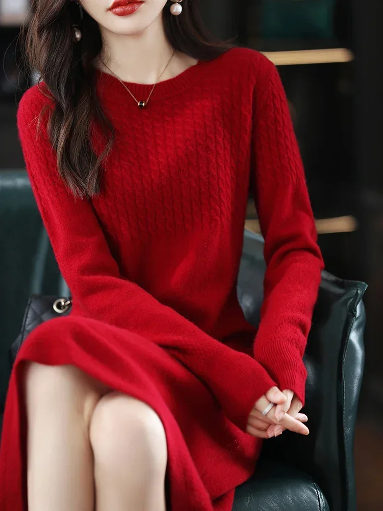 100% Merino Wool Hot Sale Cashmere Knitted Dress for Women Winter/ Autumn O-Neck Female Dresses Long Style Jumpers