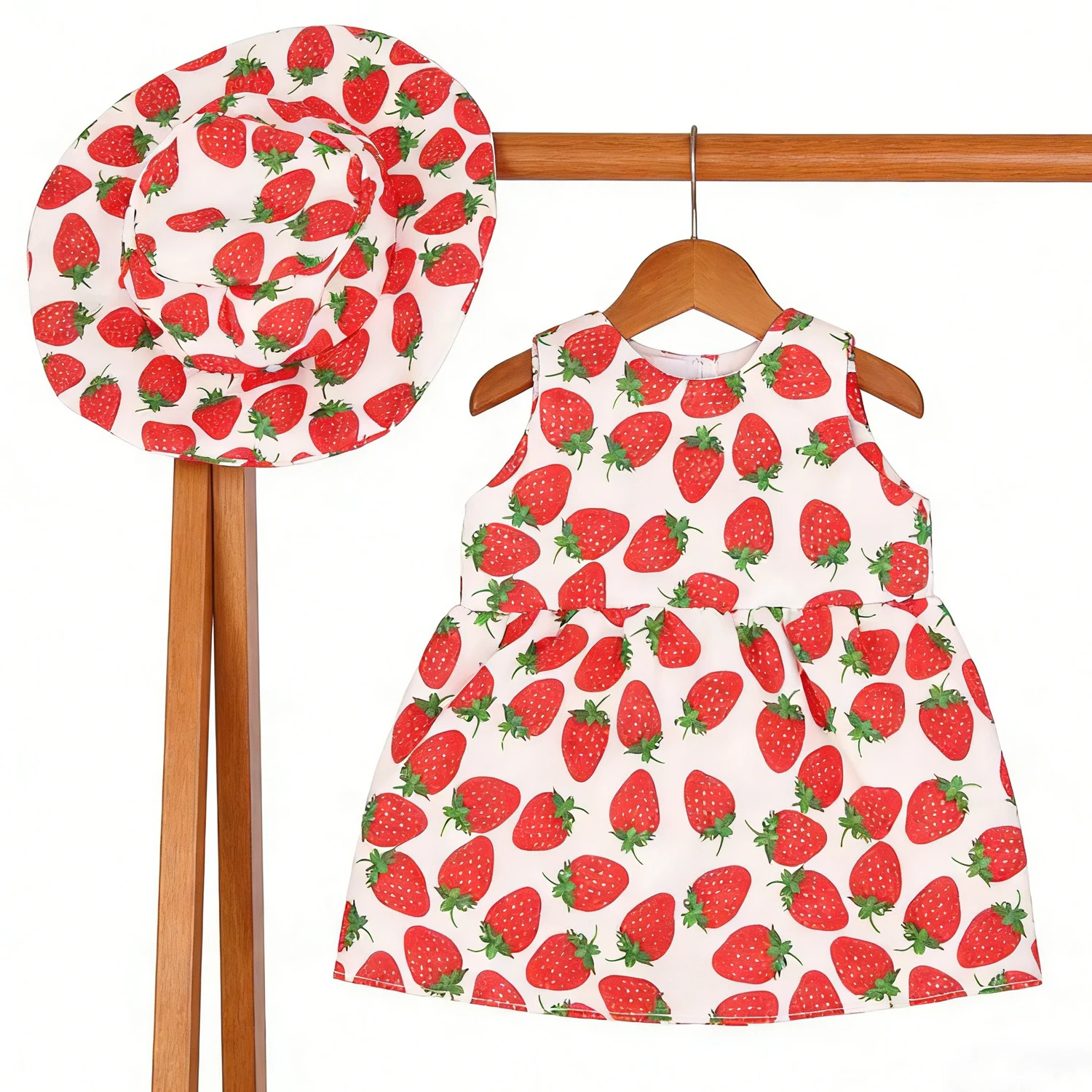 Cute Summer Strawberry Pattern Dress with Sun Hat for 18 Inch Baby Dolls American & 43cm Newborn OG Girl Doll Outfit