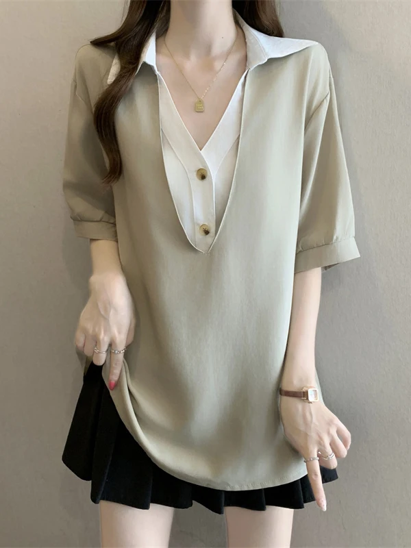 

Khaki V-Neck Short Sleeve Shirt Women's plus Size Mid-Length Top Korean Style Loose Fit Commute Fashion Summer New Arrival