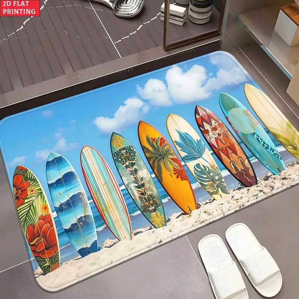 Two-Dimensional Flat Surfboard-Themed Doormats Made Of 700Gsm Material, Featuring A Non-Slip Design Suitable For Bathrooms. These Microfiber Absorbent Rugs Are