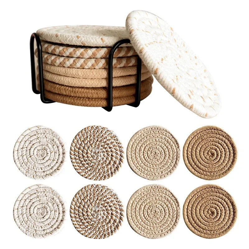 

8Pcs/set 11x11cm Round Cotton Woven Coffee Mug Cup Coaster Placemat Dining Plate Mat Kitchen Insulation Pad Table Decoration