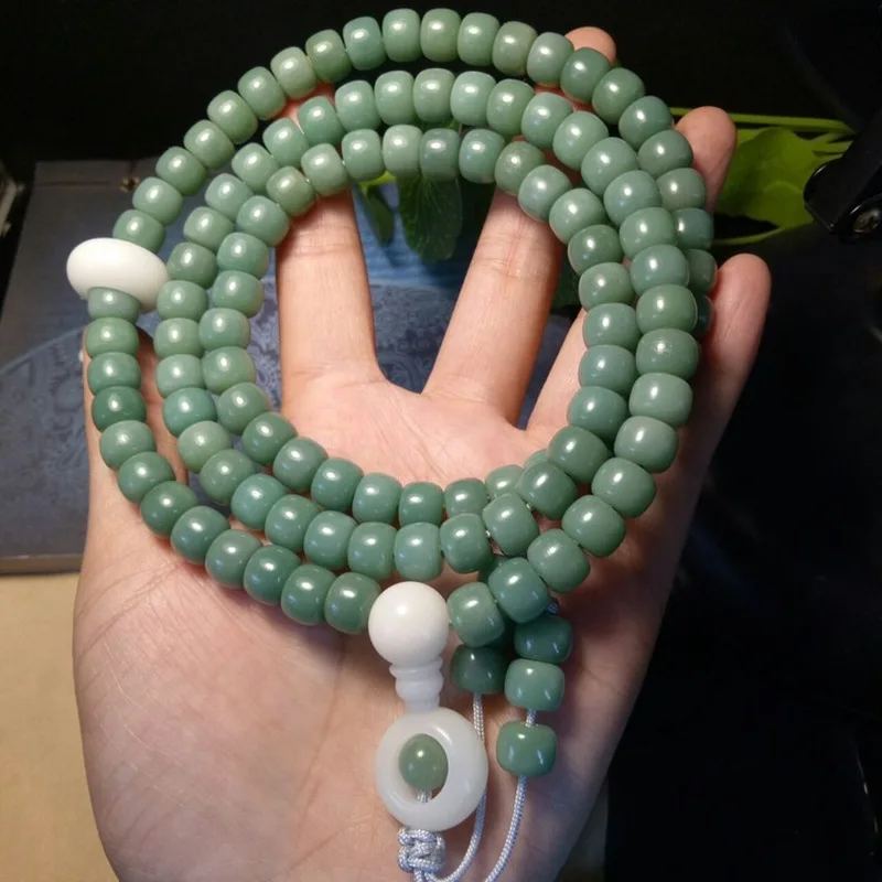 Natural green 108 , Yinpi Buddhist , barrel beads with white jade Bodhi root running ring