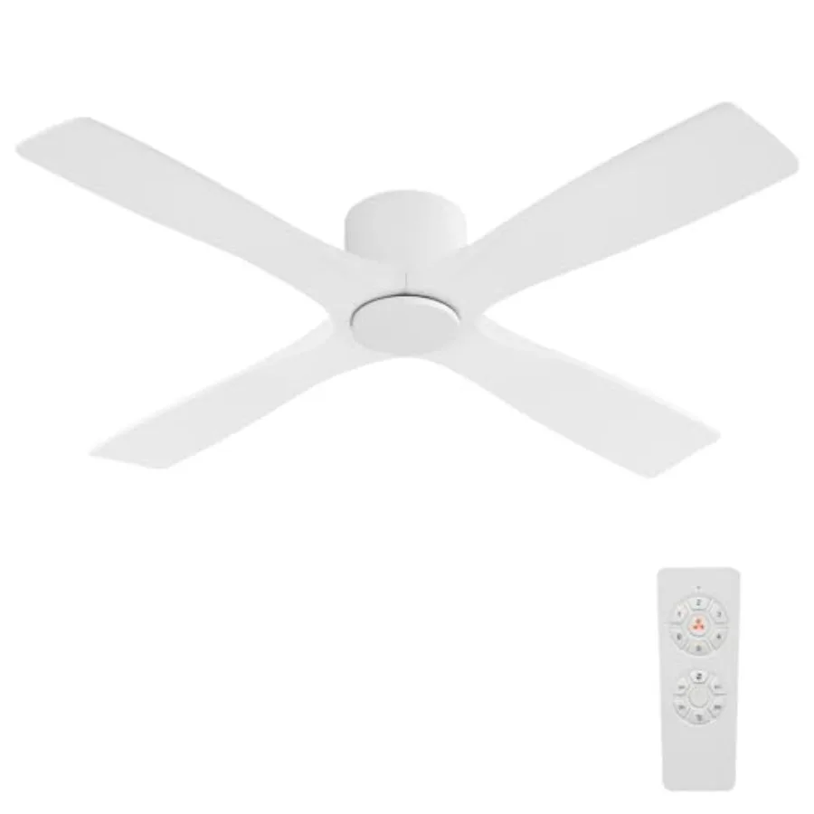 

54 Ceiling Fan without Lights - Modern Low Profile Flush Mount for Bedroom/Living Room, Gloss White Solid Wood Blades, Quiet Re