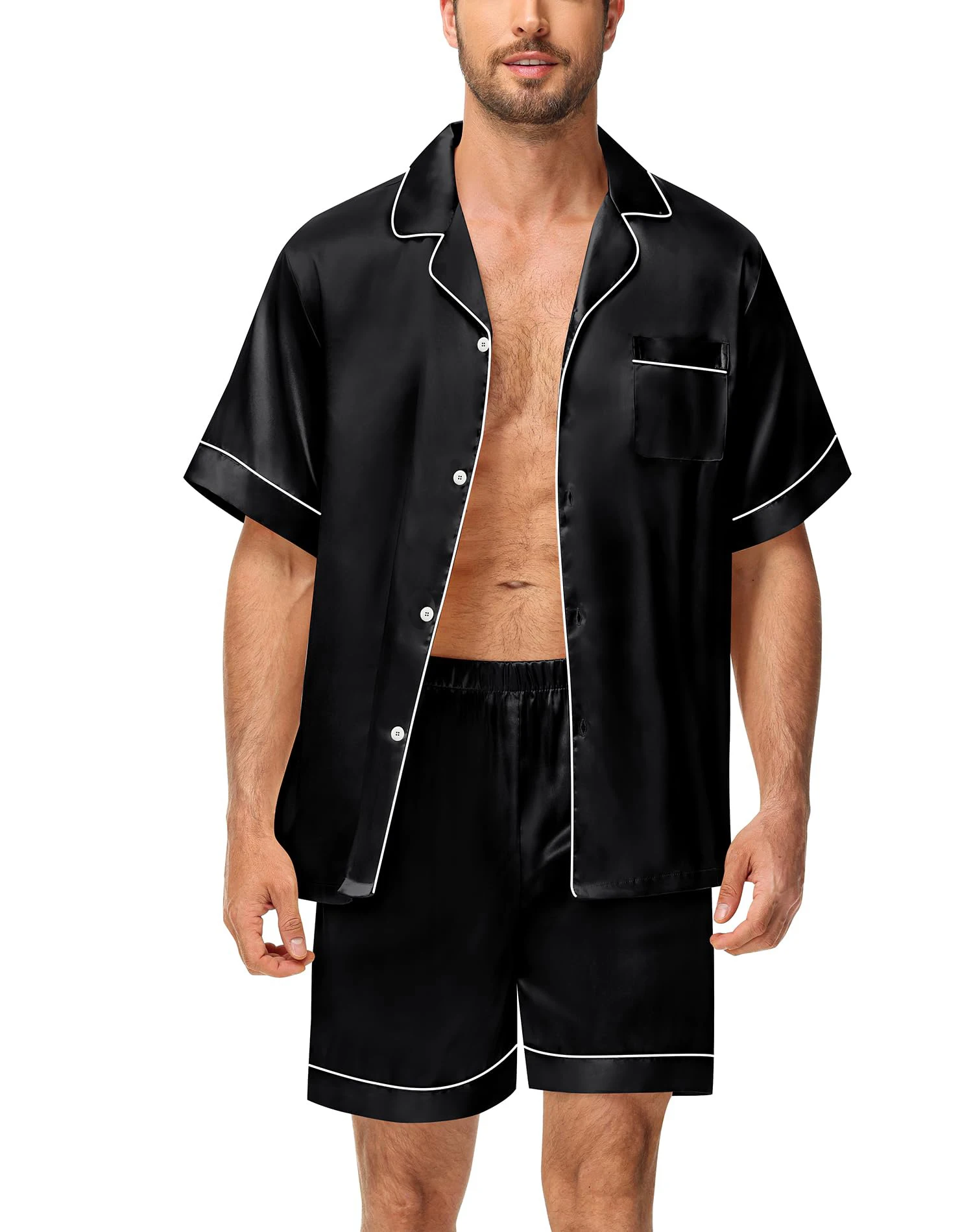 2-teiliges Pyjama-Set aus seidigem Satin für Herren, kurzärmeliges Hemd mit Revers, Brusttasche und Shorts, glatte Haptik, weiche Nachtwäsche, gemütliche Nachthemden – Detail 7