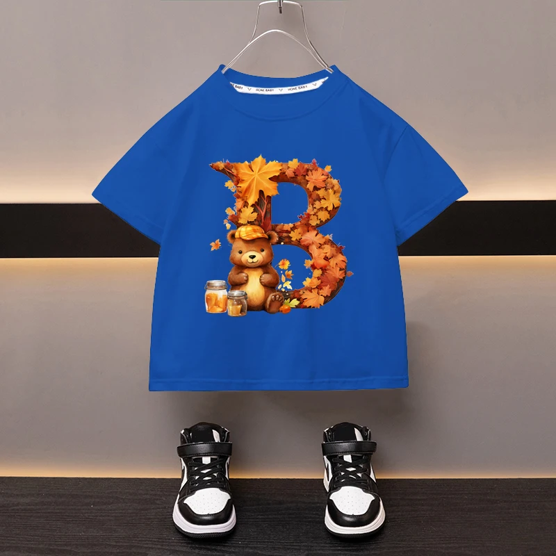 Maple Leaves Letter B Children T-shirt Kawaii Clothes for Girls T Shirt Anime Cartoons Casual Kid Boy Short Sleeve Tops New 2024