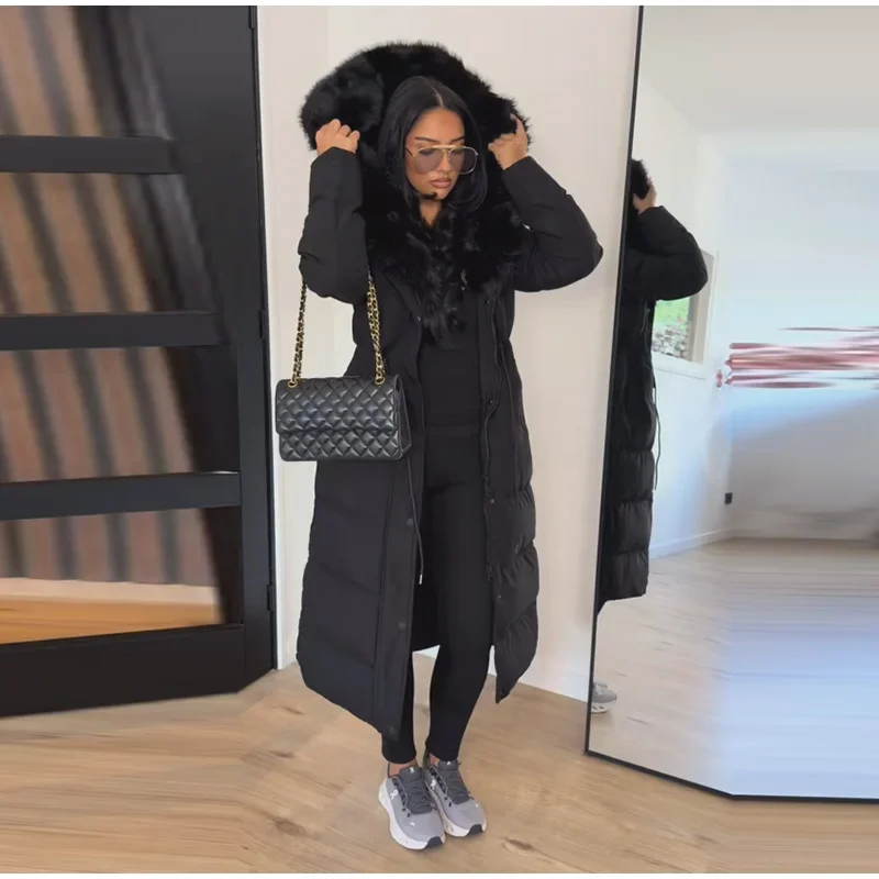 Langer Damen-Puffermantel mit Kunstfellkapuze, Kordelzug in der Taille, Reißverschluss, Knöpfe, dick, warm, Maxi-Steppjacke, Winter-Chic-Casual-Outfit 2026 – Detail 7