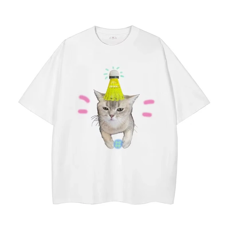 2025 التجارة الخارجية عبر الحدود الصيف نفس الجنس الشارع لطيف السمسم القط DIY بها بنفسك الطباعة بالجملة فضفاضة قصيرة الأكمام تي شيرت #2