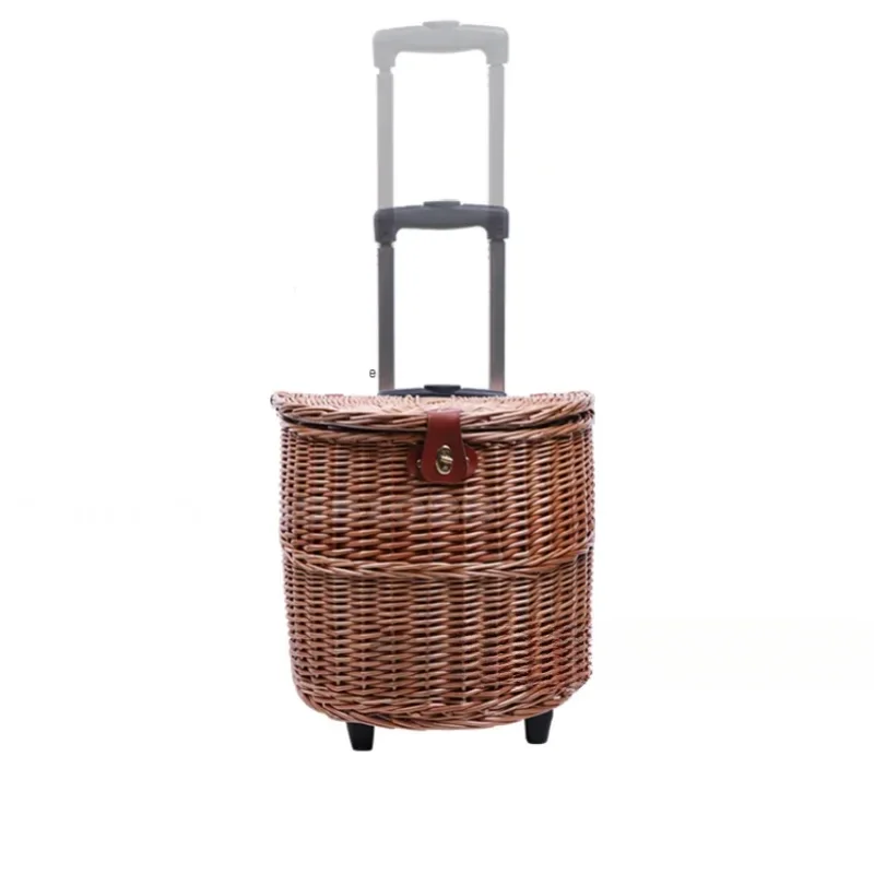 

Rattan Weaving Picnic Basket Trolley cart Multifunctional Wheeled Storage Basket with Lid Hand Basket Outdoor Picnic Props