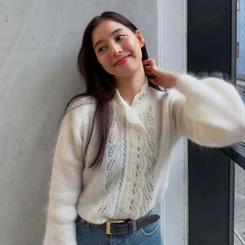 Vintage Hollow Lace White Sweater Women 2026 Spring Single Breasted Lantern Sleeve Cardigans Chic Elegant Knitted Tops