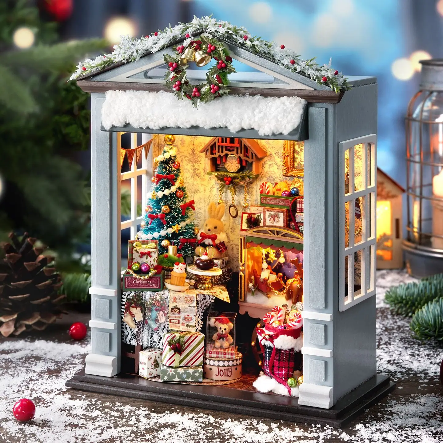 DIY Weihnachts-Lebkuchenhaus-Miniatur – handmontiertes Modell „Joyful Gathering“, beleuchtetes Mini-Bausatz für den Urlaub