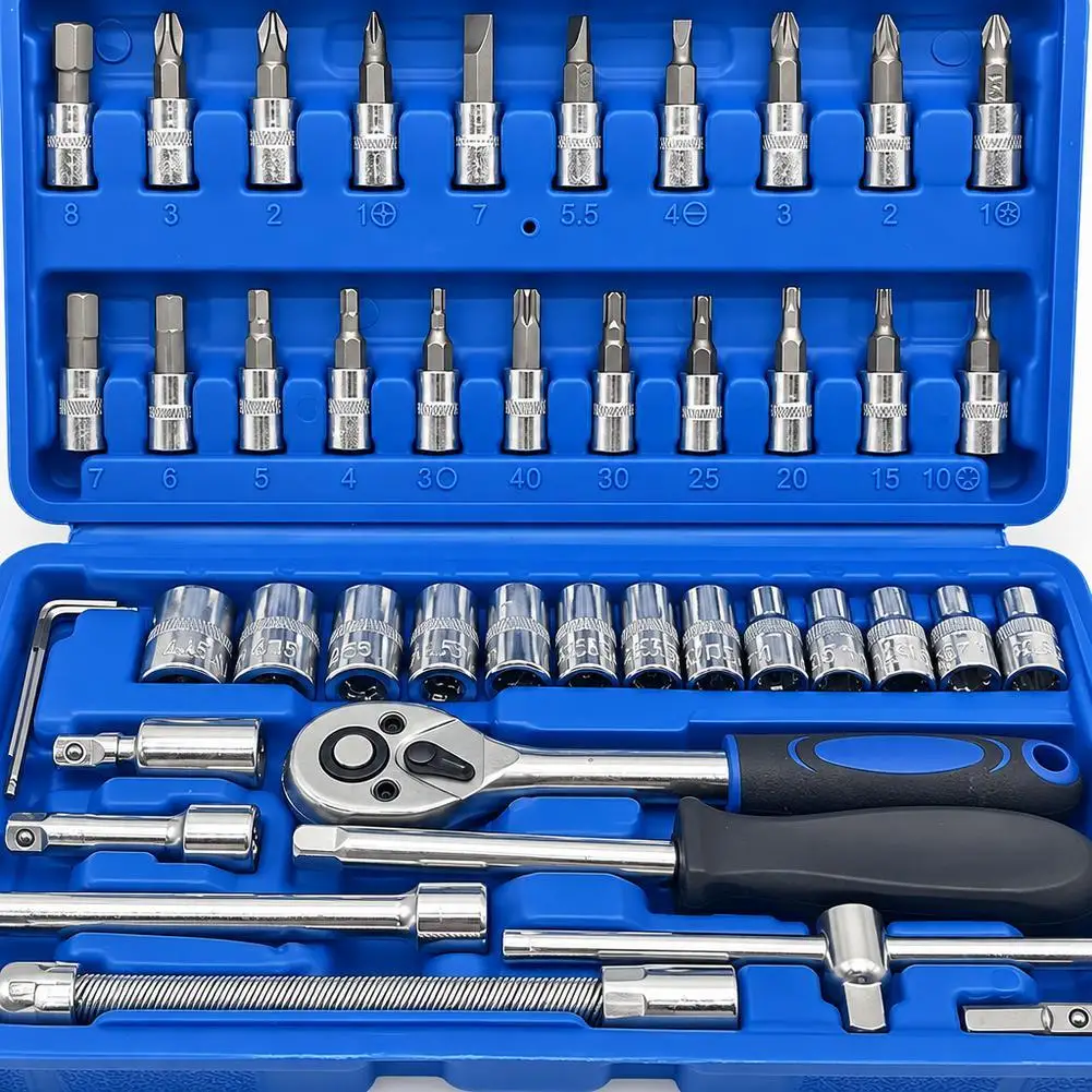 46Pcs Socket Wrench Tool Set Galvanized Ratchet Handle Screwdriver Bits Kit Portable Repair Hand Tools With Storage Case