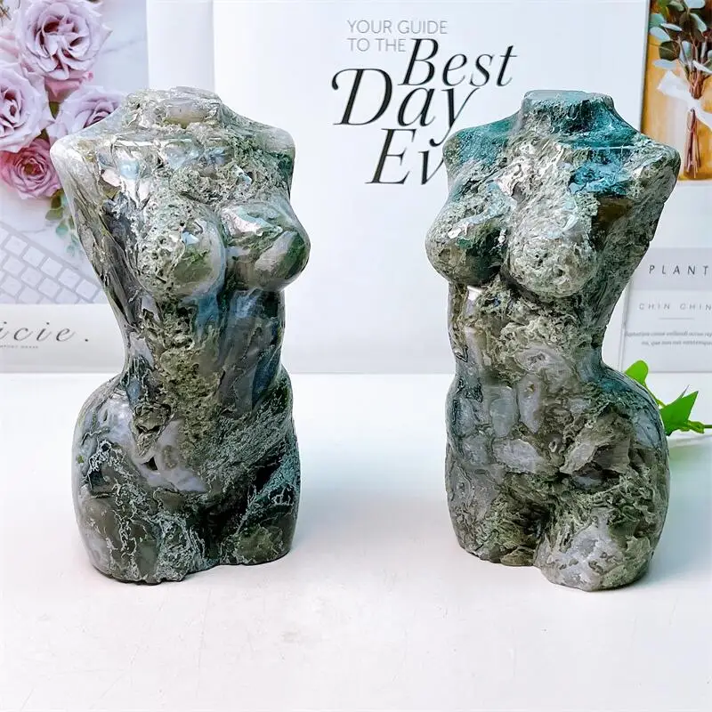 18.5CM Natural Moss Agate Lady Body Carving Healing Crystal Quartz Collectible Home Decoration Gift 1PCS