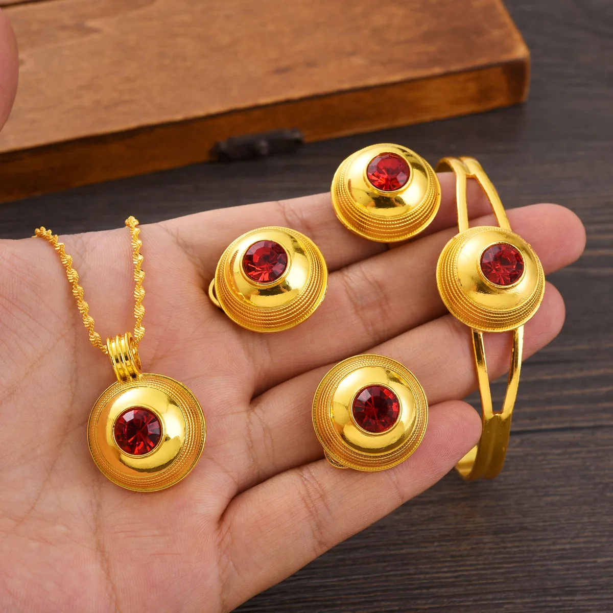 Golden Color Ethiopian Jewelry set Pendant Earrings Ring 3-piece or 4-piece Set African Eritrean Wedding Engagement Gifts #194