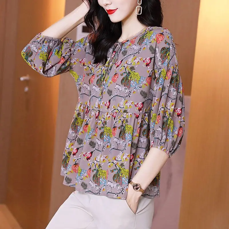 2024 New Summer Commuting Fashion Floral Three Quarter Round Neck Printed Loose Lace Up Patchwork Folds Women\'s T-shirt Top