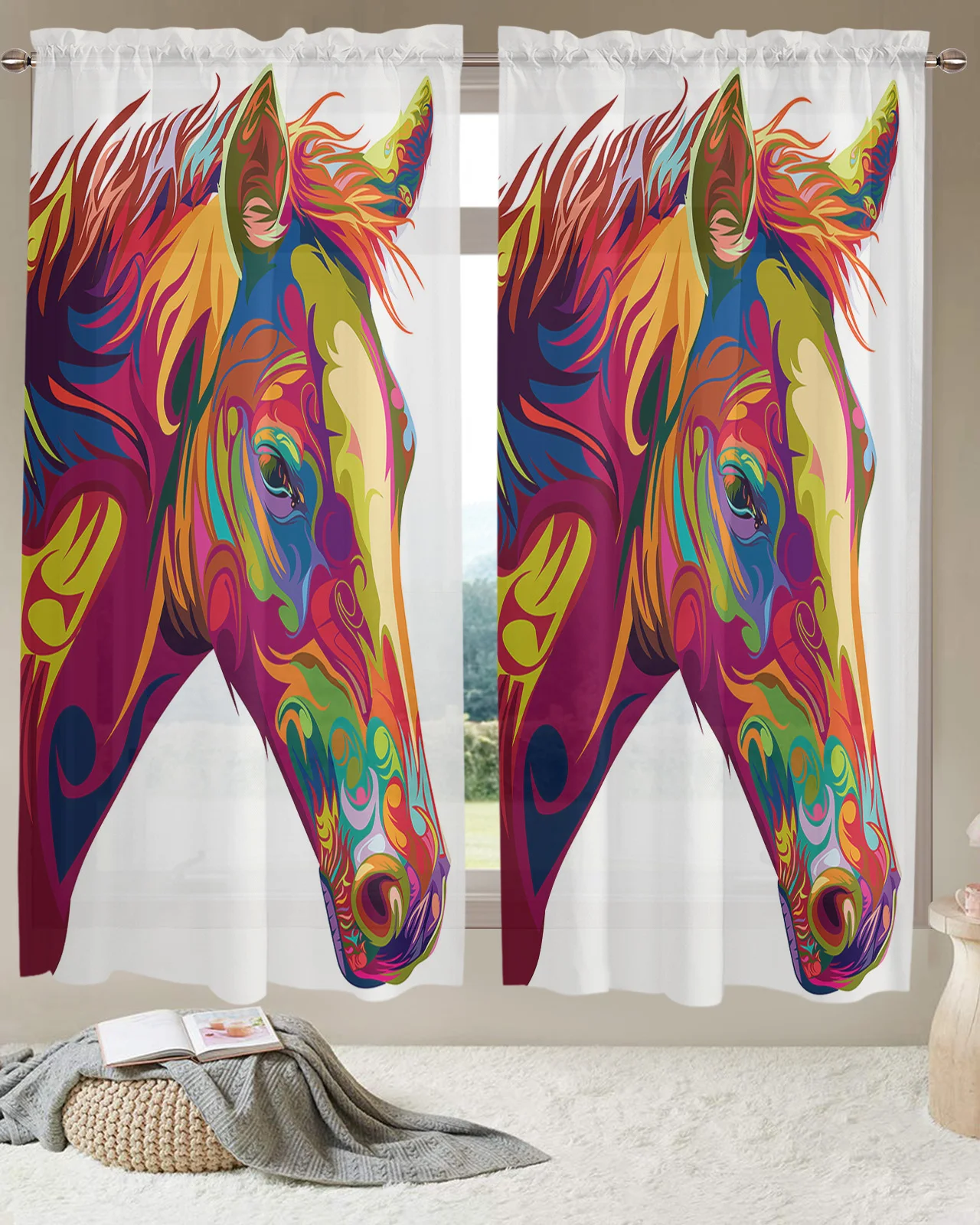 Hand Drawn Horse Head Short Tulle Curtain Sheer Valance Curtain for Kitchen Cabinet Bedroom Window Drapes