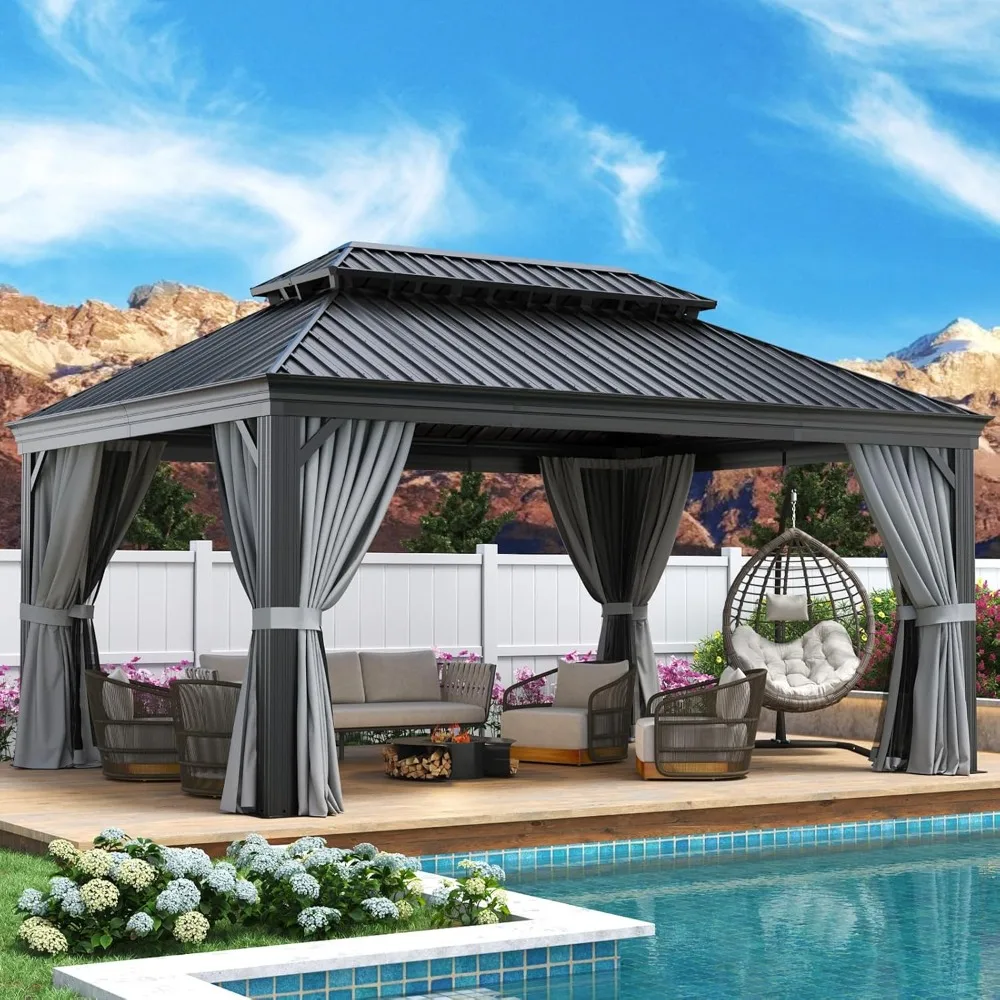 

12' X 16' Permanent Hardtop Gazebo Aluminum Gazebo with Galvanized Steel Double Roof for Patio Lawn and Garden