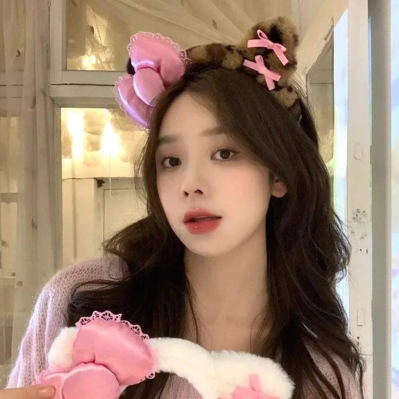 1-8Pcs Hair Band with Bow Cute Cat Ear Hair Band for Girls Wash Face Make-up and Mask Application Non-slip Headband